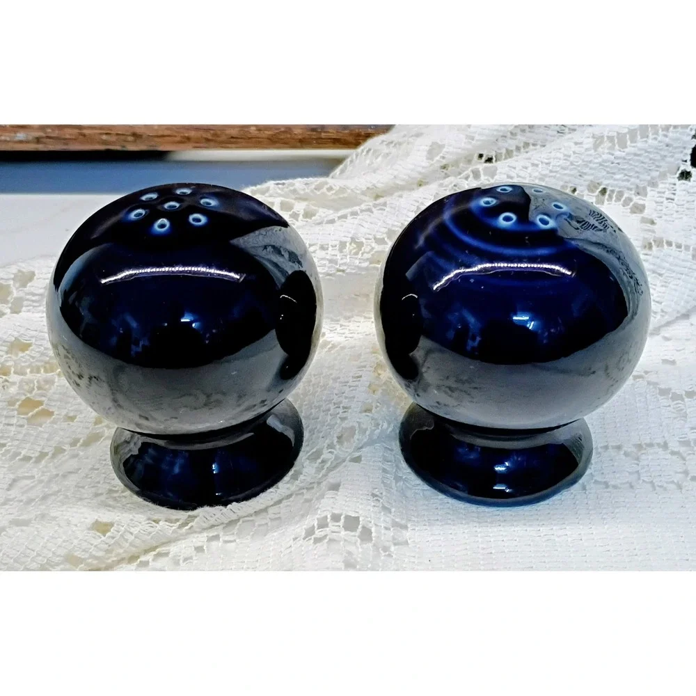 Vintage Cobalt Blue Ceramic Salt and Pepper Shakers Orb Sphere Pedestal Set